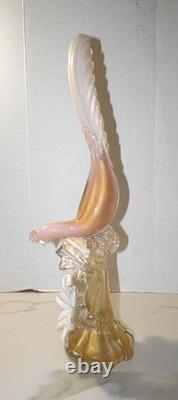 VTG MCM HAND BLOWN ART GLASS PHEASANT WITH FLOWERS PINK WithGOLD 21 MID CENTURY