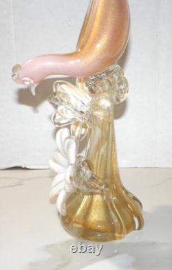 VTG MCM HAND BLOWN ART GLASS PHEASANT WITH FLOWERS PINK WithGOLD 21 MID CENTURY