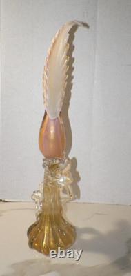 VTG MCM HAND BLOWN ART GLASS PHEASANT WITH FLOWERS PINK WithGOLD 21 MID CENTURY
