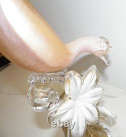 VTG MCM HAND BLOWN ART GLASS PHEASANT WITH FLOWERS PINK WithGOLD 21 MID CENTURY