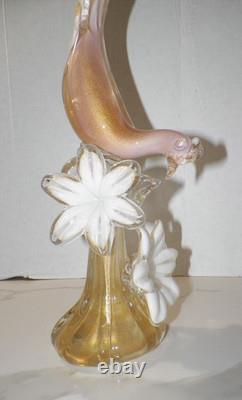 VTG MCM HAND BLOWN ART GLASS PHEASANT WITH FLOWERS PINK WithGOLD 21 MID CENTURY