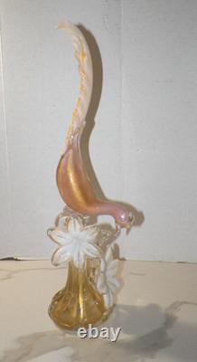 VTG MCM HAND BLOWN ART GLASS PHEASANT WITH FLOWERS PINK WithGOLD 21 MID CENTURY