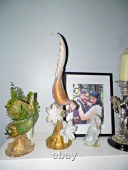 VTG MCM HAND BLOWN ART GLASS PHEASANT WITH FLOWERS PINK WithGOLD 21 MID CENTURY