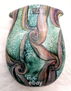 VTG Michael Harris Isle of Wight Signed Art Glass Vase Green Pink Swirl