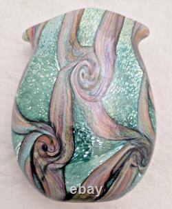 VTG Michael Harris Isle of Wight Signed Art Glass Vase Green Pink Swirl