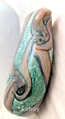 VTG Michael Harris Isle of Wight Signed Art Glass Vase Green Pink Swirl