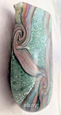 VTG Michael Harris Isle of Wight Signed Art Glass Vase Green Pink Swirl
