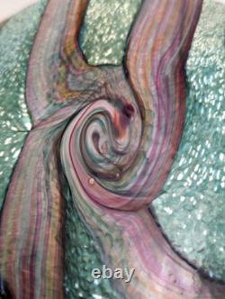 VTG Michael Harris Isle of Wight Signed Art Glass Vase Green Pink Swirl