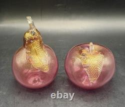 VTG Murano Art Glass Hand Blown Pear & Apple Cranberry Pink 24K Gold Leaf Fruits