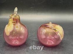 VTG Murano Art Glass Hand Blown Pear & Apple Cranberry Pink 24K Gold Leaf Fruits