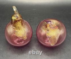 VTG Murano Art Glass Hand Blown Pear & Apple Cranberry Pink 24K Gold Leaf Fruits
