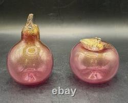 VTG Murano Art Glass Hand Blown Pear & Apple Cranberry Pink 24K Gold Leaf Fruits