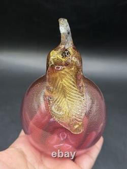 VTG Murano Art Glass Hand Blown Pear & Apple Cranberry Pink 24K Gold Leaf Fruits