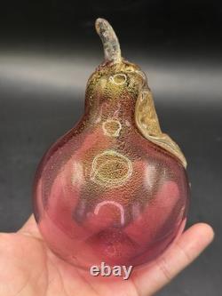 VTG Murano Art Glass Hand Blown Pear & Apple Cranberry Pink 24K Gold Leaf Fruits