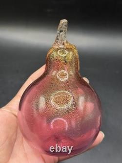 VTG Murano Art Glass Hand Blown Pear & Apple Cranberry Pink 24K Gold Leaf Fruits