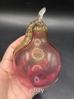 VTG Murano Art Glass Hand Blown Pear & Apple Cranberry Pink 24K Gold Leaf Fruits