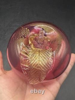 VTG Murano Art Glass Hand Blown Pear & Apple Cranberry Pink 24K Gold Leaf Fruits