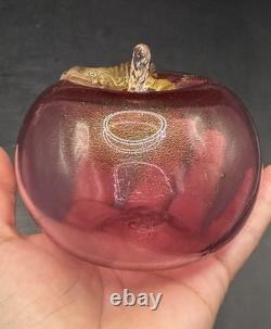VTG Murano Art Glass Hand Blown Pear & Apple Cranberry Pink 24K Gold Leaf Fruits