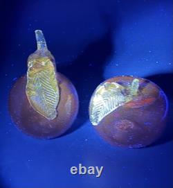 VTG Murano Art Glass Hand Blown Pear & Apple Cranberry Pink 24K Gold Leaf Fruits