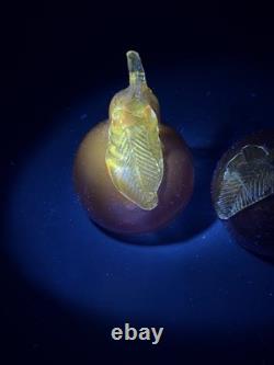 VTG Murano Art Glass Hand Blown Pear & Apple Cranberry Pink 24K Gold Leaf Fruits