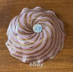 VTG Murano Latticino Art Glass Bowl Zanfirico Ribbon Pink White Copper 4.5 MCM