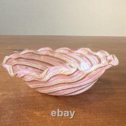 VTG Murano Latticino Art Glass Bowl Zanfirico Ribbon Pink White Copper 4.5 MCM