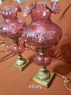 VTG Pair of Fenton Cranberry Cabbage Rose Student Lamp GWTW READ