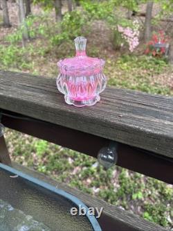 VTG Pink Selenium Art Glass glows. Powder, Trinket Jar with Lid Rare