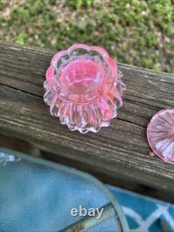 VTG Pink Selenium Art Glass glows. Powder, Trinket Jar with Lid Rare