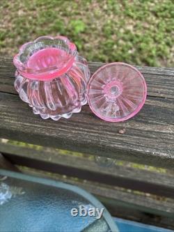 VTG Pink Selenium Art Glass glows. Powder, Trinket Jar with Lid Rare