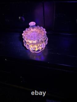 VTG Pink Selenium Art Glass glows. Powder, Trinket Jar with Lid Rare