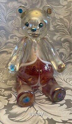 VTG Stuart Abelman, Iridescent, Cranberry, Art Glass, Teddy Bear, Signed 1999