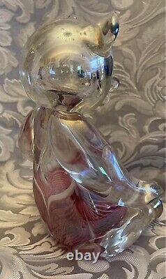 VTG Stuart Abelman, Iridescent, Cranberry, Art Glass, Teddy Bear, Signed 1999