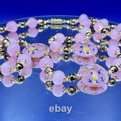 VTG Venetian Murano Art Glass Pink Lamp Work Wedding Cake Beaded Necklace