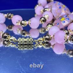 VTG Venetian Murano Art Glass Pink Lamp Work Wedding Cake Beaded Necklace