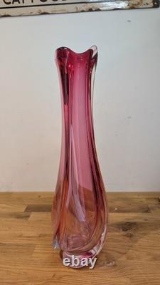 Val St Lambert Cranberry Pink Glass Swung vase 38cm 15'' Tall Twist Swirl Large