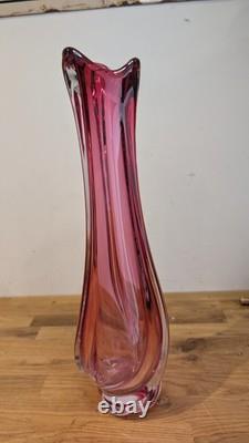 Val St Lambert Cranberry Pink Glass Swung vase 38cm 15'' Tall Twist Swirl Large