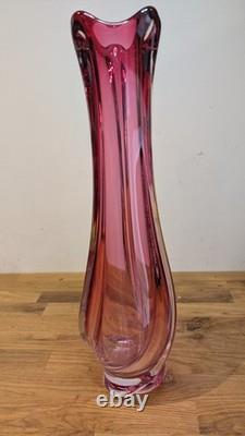 Val St Lambert Cranberry Pink Glass Swung vase 38cm 15'' Tall Twist Swirl Large