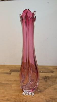 Val St Lambert Cranberry Pink Glass Swung vase 38cm 15'' Tall Twist Swirl Large