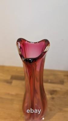 Val St Lambert Cranberry Pink Glass Swung vase 38cm 15'' Tall Twist Swirl Large