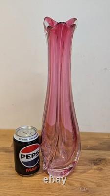 Val St Lambert Cranberry Pink Glass Swung vase 38cm 15'' Tall Twist Swirl Large