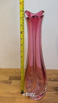 Val St Lambert Cranberry Pink Glass Swung vase 38cm 15'' Tall Twist Swirl Large