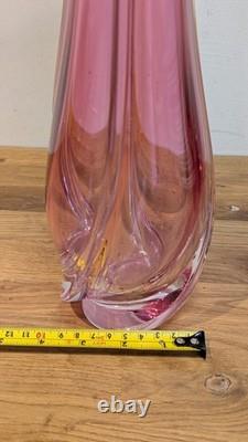 Val St Lambert Cranberry Pink Glass Swung vase 38cm 15'' Tall Twist Swirl Large