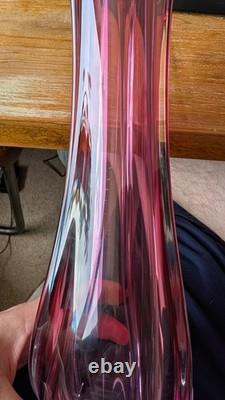 Val St Lambert Cranberry Pink Glass Swung vase 38cm 15'' Tall Twist Swirl Large