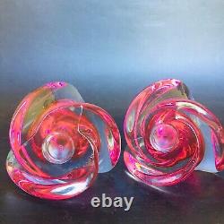 Val St Lambert Pink Cranberry Clear Art Glass Double Sided Candle Holders Signed
