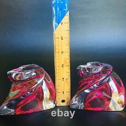 Val St Lambert Pink Cranberry Clear Art Glass Double Sided Candle Holders Signed
