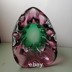 Vase, Chribska Bohemia, Czech Art Glass In Pink And Green. Heart shaped. VGC