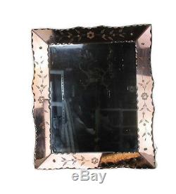 Venetian Mirror Ornate Etched Cut to Clear Glass Panels Pink Clear Art Nouveau
