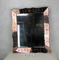 Venetian Mirror Ornate Etched Cut to Clear Glass Panels Pink Clear Art Nouveau