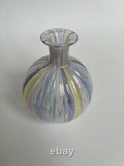 Venetian Murano Latticino Art Glass Vase Pink Blue Ribbon Twist